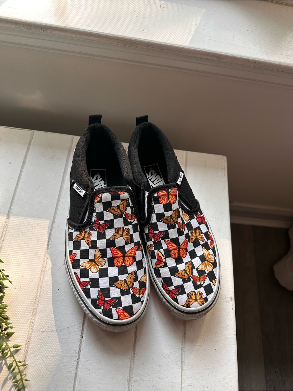 Vans Kids Checkerboard Slip-On Sneakers with Orange & Red Butterfly Print